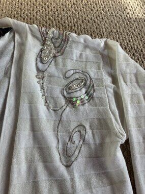 Vintage 90s Christine Phillipe Medium White Striped Cardigan Embellished Beaded